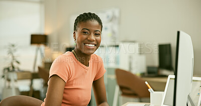 Buy stock photo Portrait, smile and black woman in home office, business or remote work in Nigeria. Face of African professional entrepreneur, happy worker and employee, creative designer on computer and startup