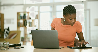 Buy stock photo Tablet, laptop and young black woman in the office doing research for creative project. Digital technology, career and professional African female designer working on computer in the modern workplace