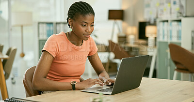 Buy stock photo Black woman, laptop and working for office job, employee and busy for copywriter career. Businesswoman, positive and person for occupation, workplace and research for social media marketing strategy