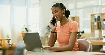 Buy stock photo Laughing, phone call or happy black woman with laptop, project or smile networking online in office. Digital agency, email or African employee talking about news, ideas or planning in tech startup
