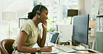 Business woman, call center and computer for communication, customer service or e commerce support. African consultant in telemarketing for virtual advice, helping online and website questions or FAQ