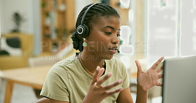 Buy stock photo Woman, home and call center communication, customer service or e commerce support on a computer. African consultant or worker in telemarketing, virtual advice or helping online with questions or FAQ
