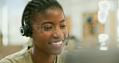 Buy stock photo Call center, smile and black woman in office consulting for contact us, crm or faq. Telemarketing, help and happy African lady lead generation consultant with loan advice, customer service or support