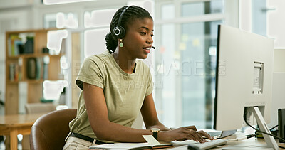 Buy stock photo Call center, computer and black woman in office consulting for contact us, crm or faq. Telemarketing, help and African female lead generation consultant with loan advice, customer support or service