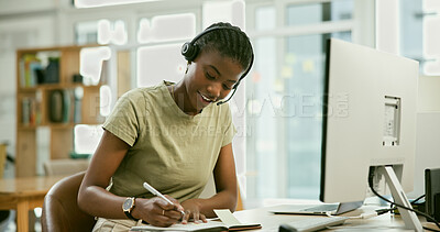 Buy stock photo Business woman, writing and call center communication, computer planning and advice, service or reminder in notebook. African advisor or virtual agent with office notes for telecom sales and goals