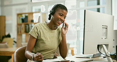Buy stock photo Woman, call center agent and computer for communication, customer service or e commerce support. African consultant speaking with headphones for virtual advice or helping online with questions or FAQ