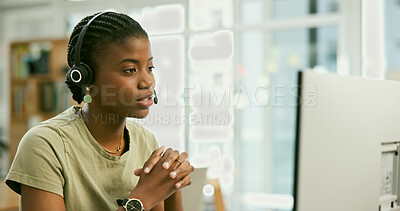 Buy stock photo Business, call center and black woman in office consulting for contact us, crm or faq. Telemarketing, help and African female lead generation consultant with loan advice, customer support or service