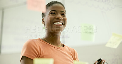 Buy stock photo Woman, smile and sticky notes on glass, planning and logistics or strategy for company. Black person, entrepreneur and brainstorming for startup, mission and happy for mind map of ideas or research