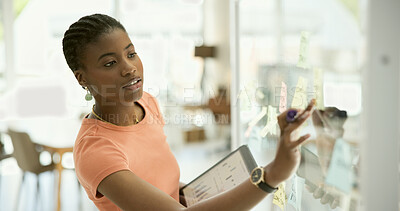 Buy stock photo Research, board or black woman with tablet, data analysis or reading graphs for growth analytics. Digital agency, charts or African worker with tech screen for planning calendar schedule or project 