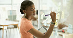 Woman, scrum or glass board with writing by tablet brainstorming, thinking and project management in office. Young person, planning and sticky notes post on wall for creative strategy in workplace