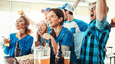 Buy stock photo Friends, excited and watching tv at sport pub with game, goal and beer at restaurant with celebration. Fan group, smile and people with esports, live broadcast and match together at bar with win