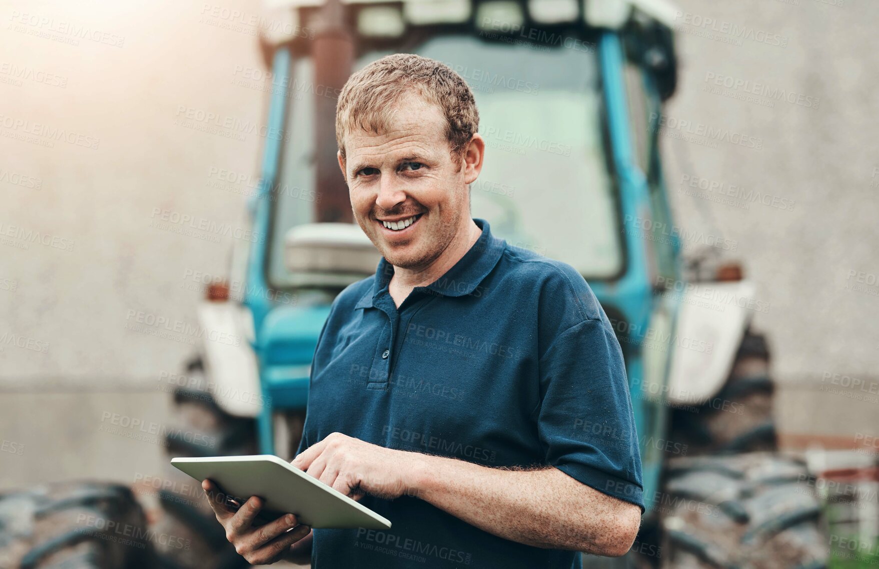 Buy stock photo Portrait, smile and tablet with man on farm for agriculture, growth or industry sustainability. Agro, agribusiness or technology and happy farmer outdoor in countryside with tractor for ecology