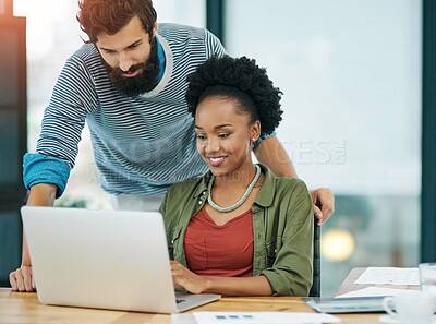 Buy stock photo Business people, laptop and mentor help with digital planning, project and support in office. Tech, management and employee with startup coaching, collaboration and feedback with discussion at work