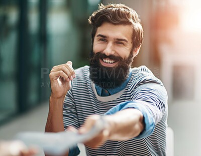 Buy stock photo Creative, man and giving of document, employee and review of work, smile and happiness for proposal. Outdoor, company and manuscript with startup, writer or career in agency, meeting and artistic