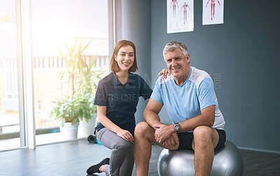 Buy stock photo Mature man, training and therapist in rehabilitation centre, physiotherapy, ball balance and exercise therapy. Portrait, woman and patient for physical wellness, anatomy recovery or mobile progress