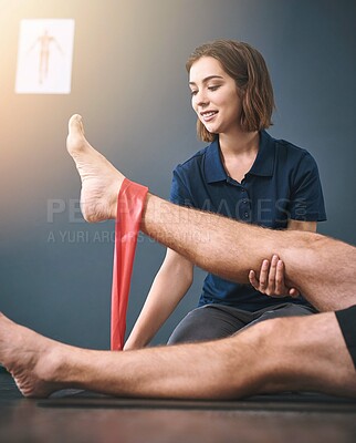 Buy stock photo Healthcare, resistance band and physiotherapist with legs of patient for rehabilitation exercise. Physical therapy, consultation and worker help man stretch for muscle strength and healing in clinic.