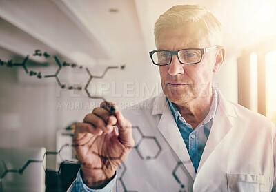 Buy stock photo Serious, man and scientist writing on glass, science and molecular compound for medicine and healthcare. Lab, medical and research by mature person with glasses and planning for physics of formula