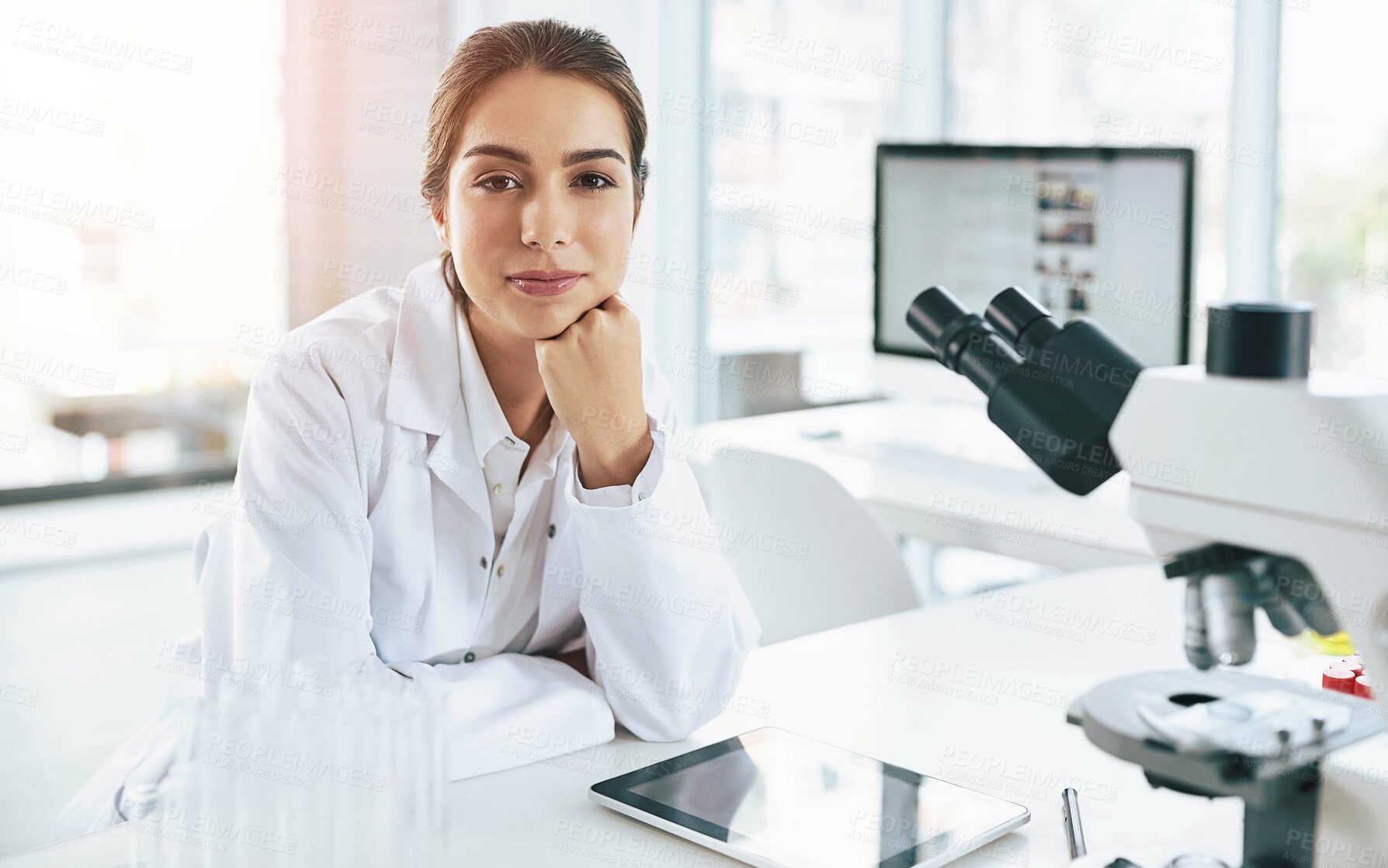 Buy stock photo Microscope, portrait and science with woman in laboratory for breakthrough, clinical trial or discovery. Biotechnology, medical and pharma research with scientist at desk for development innovation