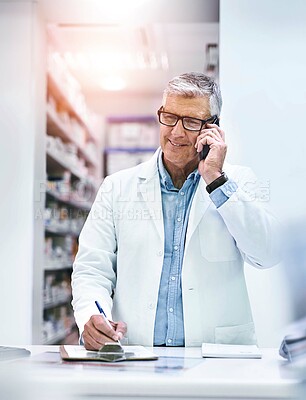 Buy stock photo Man, doctor and phone call in pharmacy with medicine checklist, communication and customer health care service. Mature medical advisor or pharmacist talking on mobile, chat or contact for help or FAQ