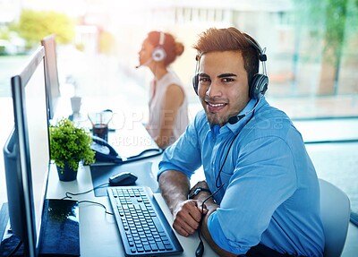 Buy stock photo Happy businessman, portrait and call center for customer service, support or telemarketing at office. Friendly man person, consultant or agent with smile on computer for online advice in contact us