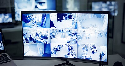 Buy stock photo Security, business and computer with split screen, control room and multicam surveillance with software interface. Law, display or pc with video system for cameras, protection and safety with monitor