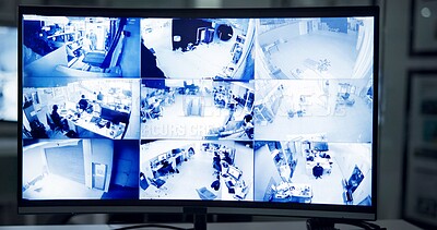 Buy stock photo Security, business and computer with screen, control room and monitor with software interface. Law, compliance and pc with video system for cameras, protection and safety with multicam surveillance