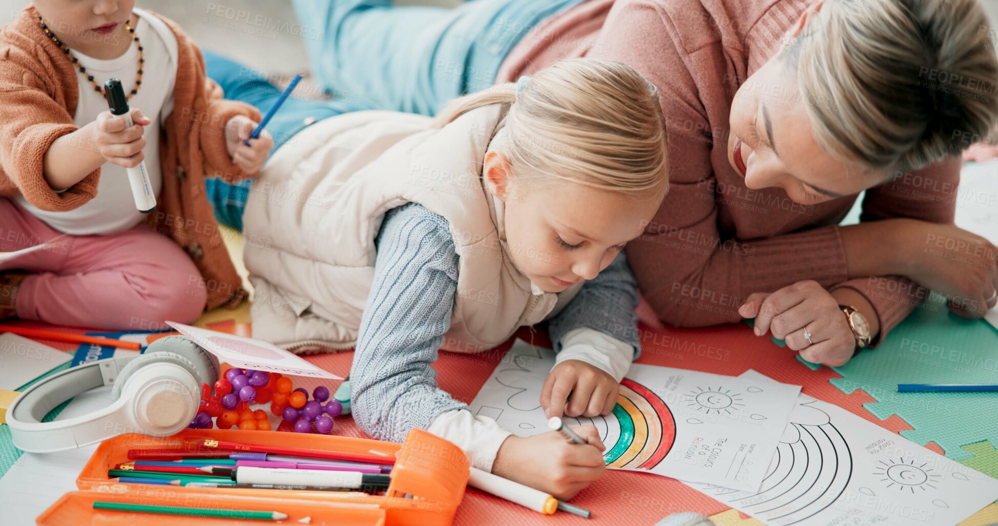 Buy stock photo Woman, children and drawing for education on floor with family bonding, learning art and teaching creativity. Mother, daughter together for paper or sketch, writing activity and development at house