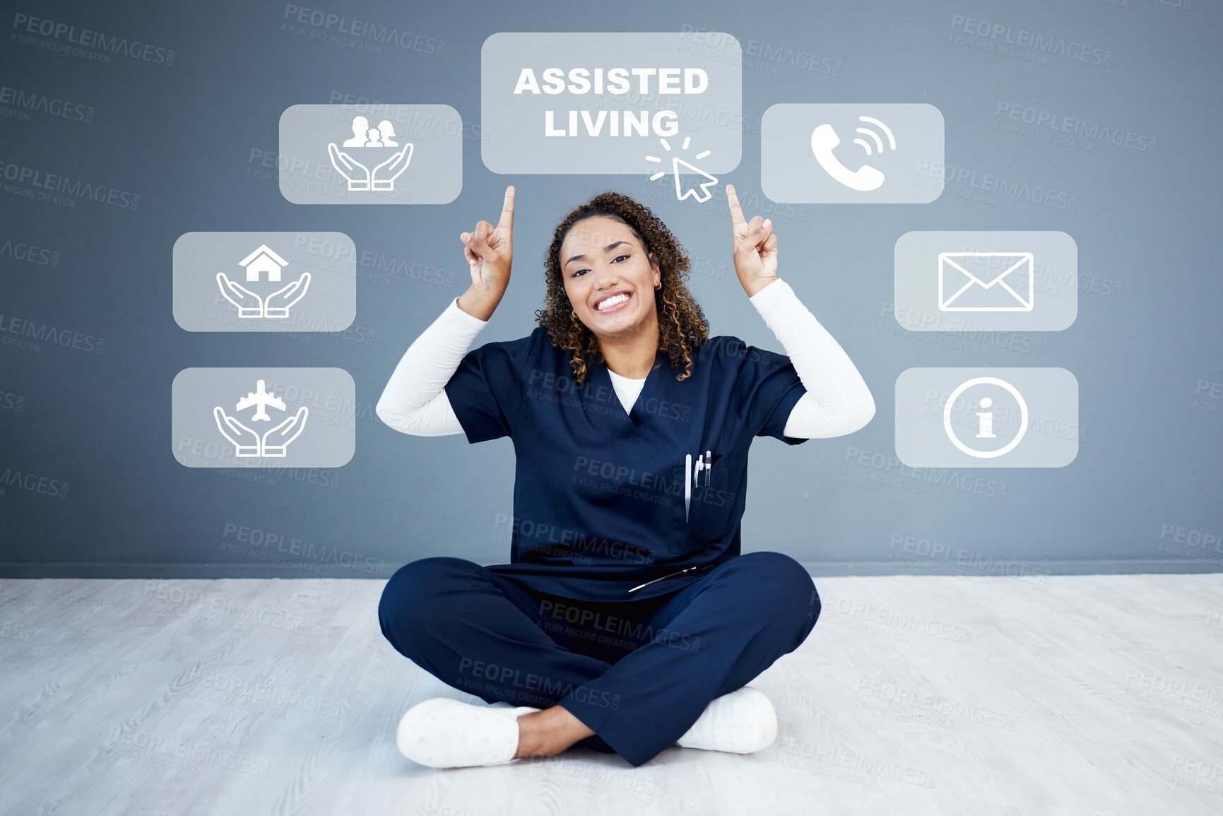 Buy stock photo Overlay, pointing and portrait of nurse in studio for healthcare aide, assisted living or occupational therapy. Medical, rehabilitation and life insurance with person on background for caregiver icon