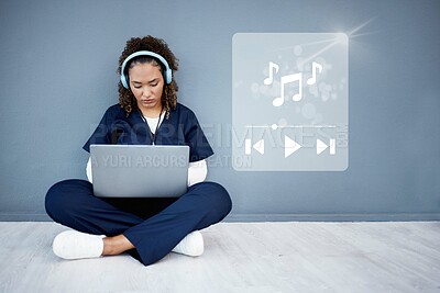 Buy stock photo Laptop, music and streaming service with nurse on floor in studio for break as medical intern. Computer, headphones and listening to playlist with woman healthcare professional on gray background