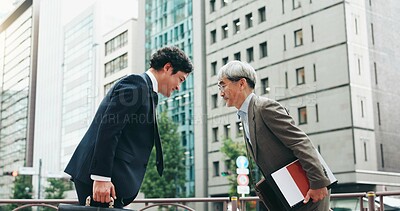 Buy stock photo Japanese, business people and bow in city for greeting, deal or meeting as negotiation or thank you. Partnership, agreement and promotion with respect, colleagues or collaboration in legal settlement