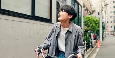 Buy stock photo Travel, happy and Asian man with bicycle in city for morning commute, adventure and journey outdoors. Location, cycling and person on bike for trip, sustainable and eco friendly transport in Japan