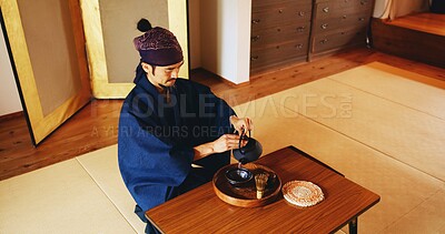 Buy stock photo Man, zen and tea ceremony in Japan for tradition, culture and matcha in home with preparation. Male person, ritual and bowl for mindfulness, relax and buddhism with spiritual, respect and harmony