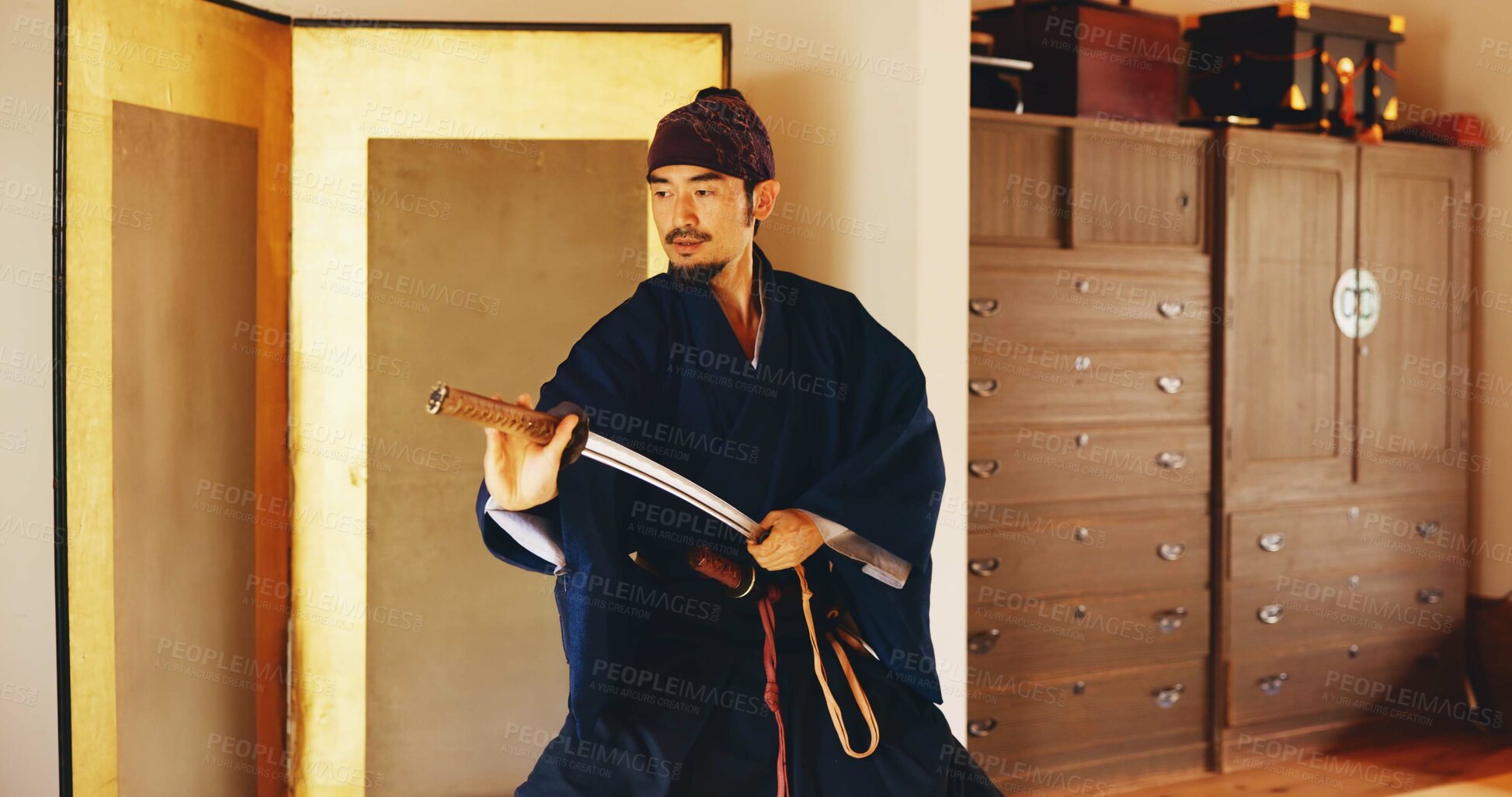 Buy stock photo Kenjutsu, start and sword with Samurai man in Japan for combat, martial arts or training, Culture, dojo and weapon with Japanese person in kendogi for discipline, exercise or practice routine