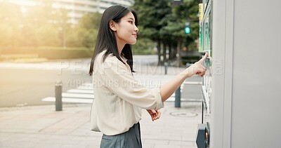 Buy stock photo Asian woman, vending machine or city with choice for selection, pick or snack on sidewalk. Japan, female person or local shopper with self service station, vendor or shop dispenser for option in town