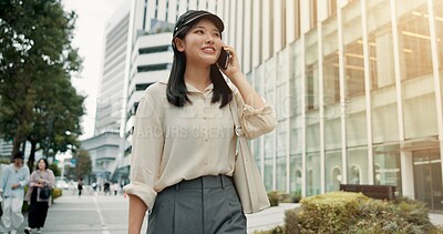 Buy stock photo City, phone call and walking with business woman outdoor for commute or travel to work. Buildings, communication and conversation with happy Japanese employee on street in urban town of Tokyo