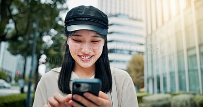 Buy stock photo Happy, asian woman or travel with phone in city for communication, destination or location app. Japan, female person or tourist with smile on mobile smartphone for nagivation or tourism in urban town