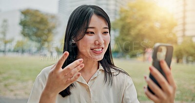 Buy stock photo Happy, asian woman and video call with communication in city for conversation, explanation or chat. Japan, female person or talking on mobile smartphone for virtual discussion or app at outdoor park