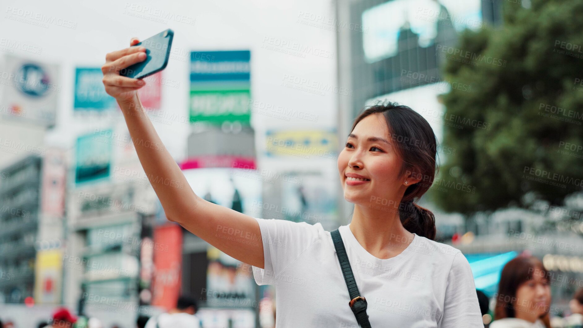 Buy stock photo Japanese woman, selfie and smile in city with live streaming of vlogger for content creation. Video, social media and profile picture in Tokyo with travel, vacation and app with post and website