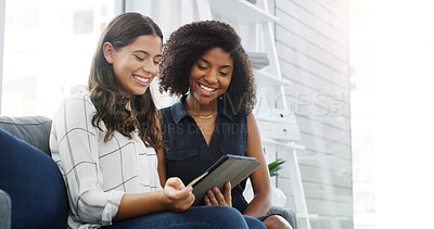Buy stock photo Teamwork, discussion and business women on tablet for brainstorming ideas in startup. Technology, collaboration or happy workers in creative meeting for content writing, planning story and research