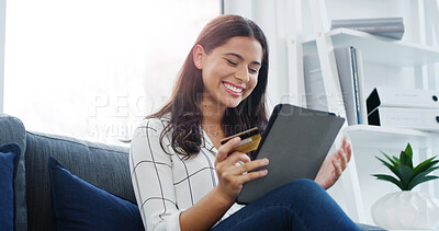 Buy stock photo Woman, tablet and happy with credit card on sofa for online shopping, financial payment or banking. Ecommerce, home and person with digital app for discount purchase, debit transaction and investment