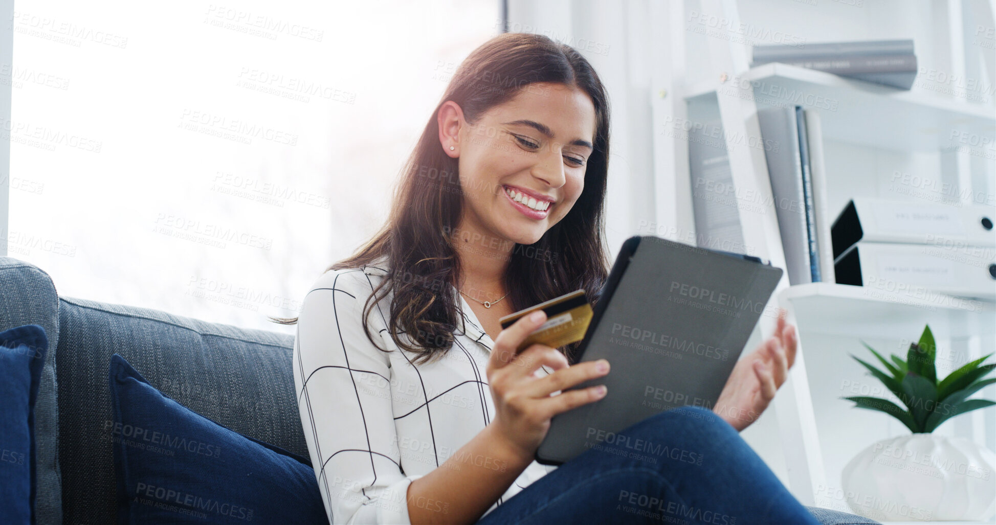 Buy stock photo Woman, tablet and happy with credit card on sofa for online shopping, financial payment or banking. Ecommerce, home and person with digital app for discount purchase, debit transaction and investment