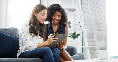 Buy stock photo Tablet, home and couple of friends with credit card for online shopping, banking and discount. Debit, technology and women together in living room for payment, ecommerce order or financial purchase
