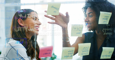 Buy stock photo Team, planning and business women on glass wall for brainstorming startup ideas. Sticky note, collaboration and happy worker in meeting for project schedule or creative solution with product manager