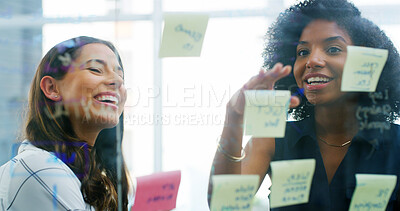 Buy stock photo Team, brainstorming and business women on glass wall for planning startup ideas. Sticky note, collaboration and worker in meeting for project schedule, creative solution or laugh with product manager