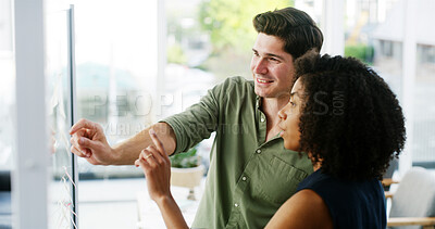 Buy stock photo Teamwork, planning and business people on glass wall for brainstorming ideas in startup. Sticky note, collaboration and creative discussion in scrum meeting for project schedule with product manager