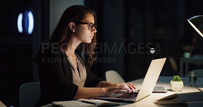Buy stock photo Business woman, night and thinking with laptop, planning and brainstorming for legal project and research. Lawyer, consultant and employee with pc, technology and document with idea for case notes