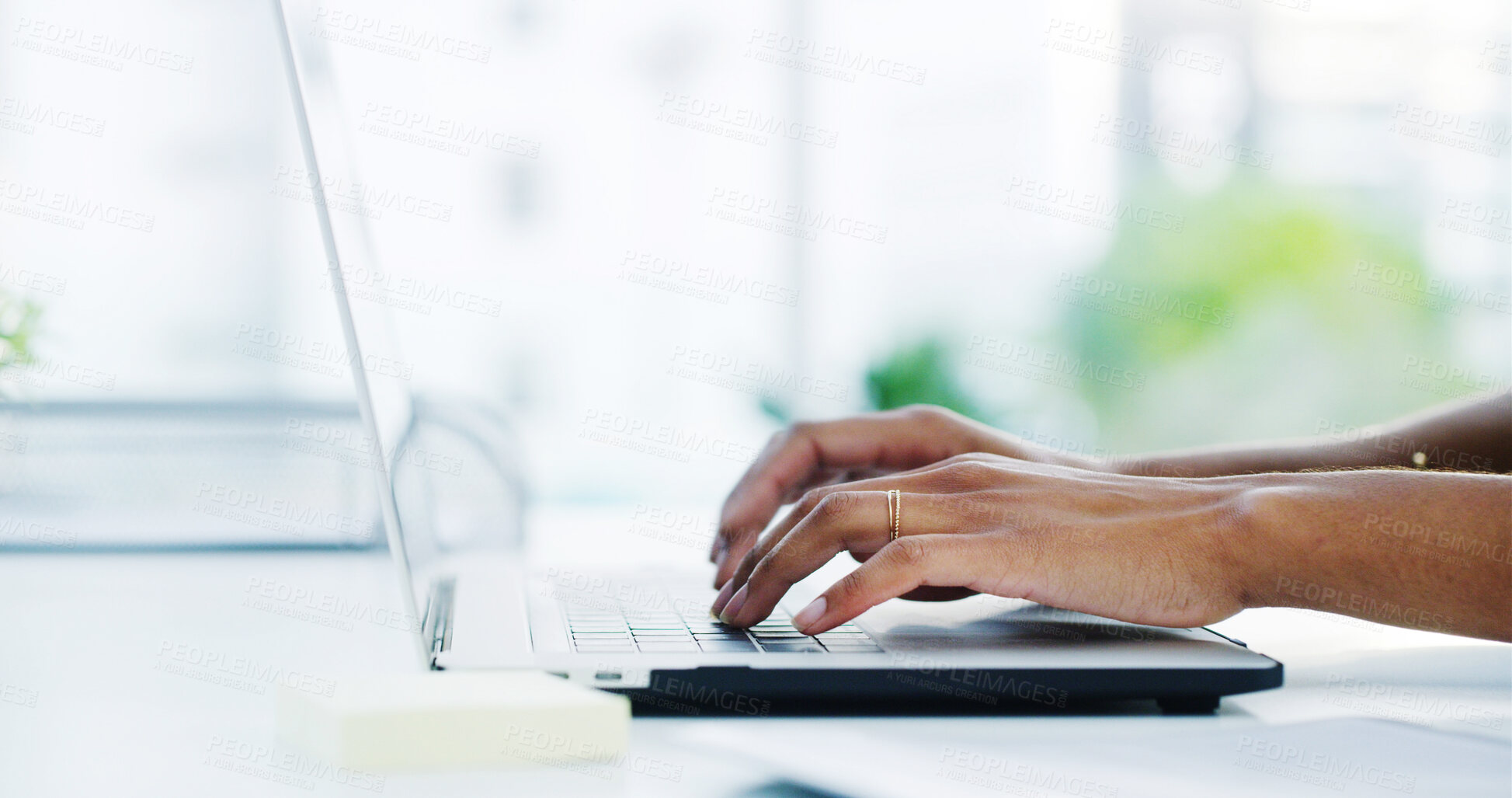 Buy stock photo Hands, research and businesswoman typing on laptop for finance report with company revenue. Technology, communication and female financial analyst with email for investment offer on computer.