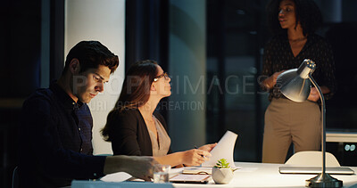 Buy stock photo Business people, night and meeting with documents, planning and brainstorming for legal project and research. Lawyer, consultant and employee with discussion, paper and deadline idea for case notes