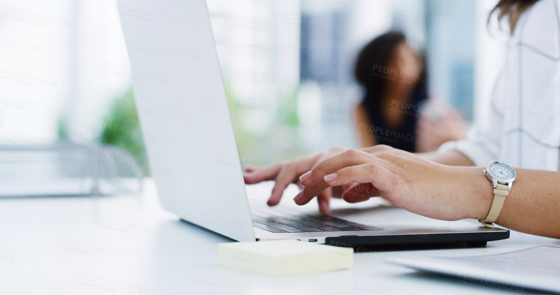 Buy stock photo Hands laptop and businesswoman in office typing for research with finance report for company revenue. Tech, communication and female financial analyst with email for investment offer on computer.