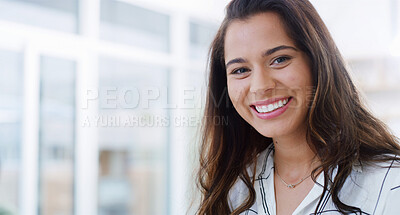 Buy stock photo Smile, portrait and woman in office with space, confidence and opportunity in creative business. Consultant, designer or happy businesswoman with positive attitude, professional ambition and mockup